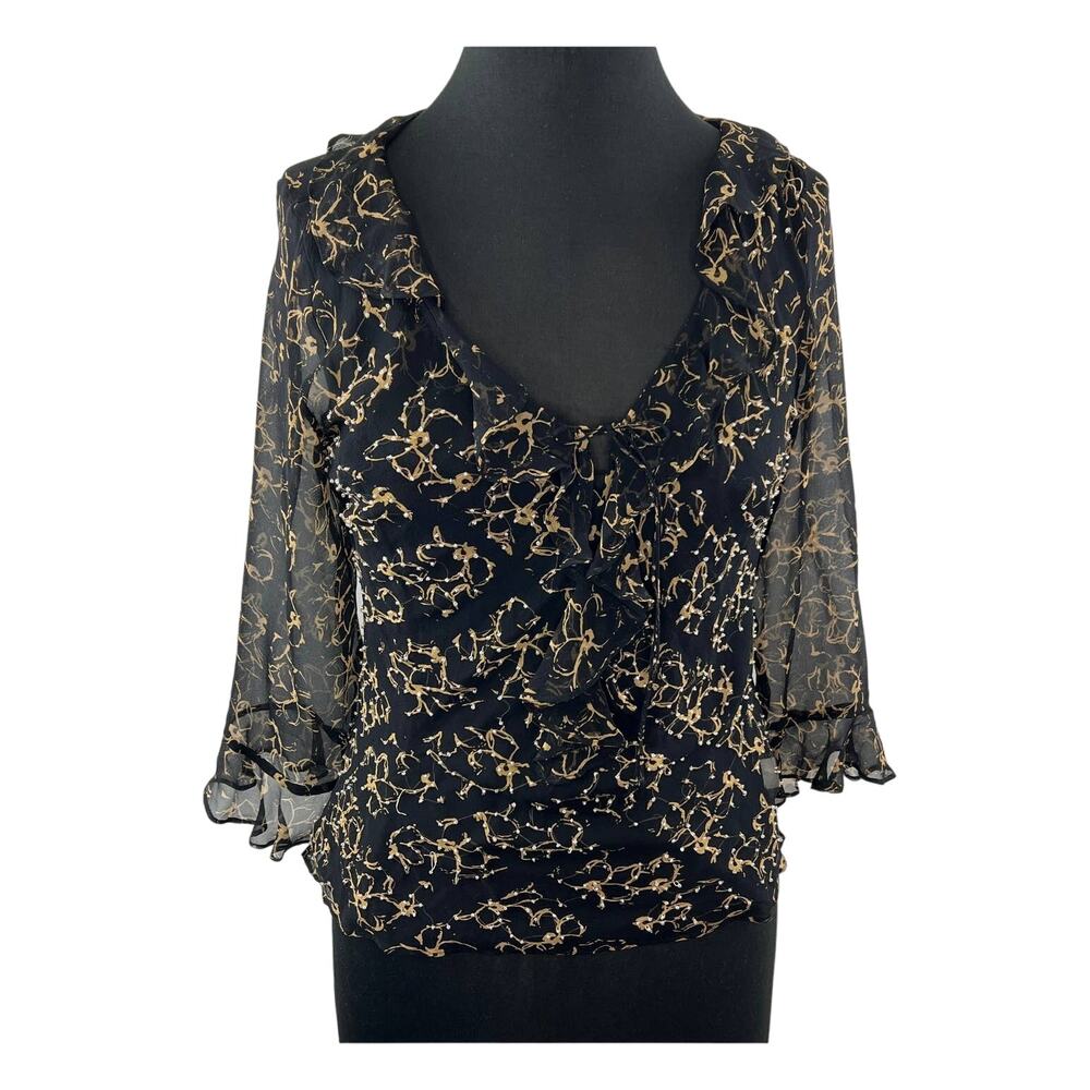 VINTAGE ICE Black Tan Ruffle V-Neck 100% Silk Sheer 3/4 Sleeve Blouse M Medium